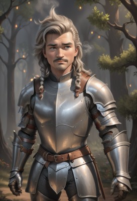 1girl,solo,long hair,looking at viewer,blue eyes,blonde hair,1boy,standing,weapon,braid,grey hair,male focus,cowboy shot,outdoors,belt,artist name,armor,tree,lips,looking to the side,grey eyes,facial hair,shoulder armor,gauntlets,sheath,nature,beard,buckle,forest,smoke,pauldrons,breastplate,belt buckle,realistic,nose,brown belt,faulds,chainmail,plate armor,brown hair,closed mouth,sword,twin braids,watermark,scar,mustache