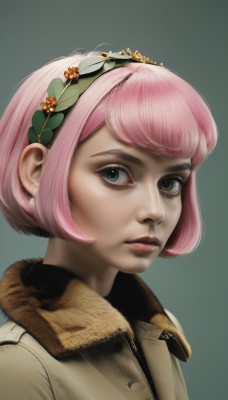 1girl,solo,looking at viewer,short hair,bangs,simple background,hair ornament,green eyes,jacket,upper body,pink hair,flower,hairband,parted lips,hair flower,lips,coat,fur trim,eyelashes,makeup,bob cut,portrait,green background,realistic,nose,green hairband,closed mouth,from side,brown jacket,fur-trimmed jacket