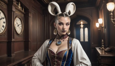 1girl,solo,breasts,looking at viewer,short hair,large breasts,long sleeves,animal ears,cleavage,brown eyes,jewelry,medium breasts,upper body,grey hair,earrings,choker,puffy sleeves,indoors,necklace,mole,lips,makeup,fake animal ears,lipstick,corset,pendant,eyeshadow,hands on hips,mouse ears,clock,lamp,candle,chandelier,black hair,purple eyes,white hair,hair bun,hoop earrings,realistic