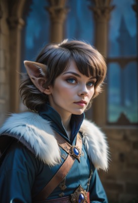 1girl,solo,looking at viewer,short hair,bangs,blue eyes,brown hair,black hair,animal ears,jewelry,closed mouth,upper body,pointy ears,artist name,cat ears,blurry,lips,fur trim,eyelashes,depth of field,blurry background,brooch,gem,freckles,realistic,nose,fantasy,breasts,earrings,parted lips,cape,mole,coat,makeup,blue dress,thick eyebrows,lipstick,elf,eyeshadow,fur collar,pink lips,blue coat,arch