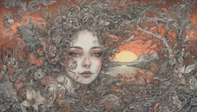 1girl,solo,long hair,looking at viewer,blue eyes,black hair,hair ornament,flower,hair flower,tree,lips,blood,leaf,bug,plant,portrait,curly hair,sun,sky,grey eyes,eyelashes,white flower,freckles,sunset,mountain,vines