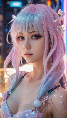 1girl,solo,long hair,breasts,looking at viewer,bangs,hair ornament,cleavage,bare shoulders,jewelry,medium breasts,closed mouth,green eyes,blue hair,collarbone,swimsuit,upper body,pink hair,flower,bikini,multicolored hair,earrings,small breasts,artist name,hair flower,blurry,lips,grey eyes,eyelashes,gradient hair,makeup,blurry background,eyeshadow,realistic,nose,mascara,blue eyes,necklace,bra,gem