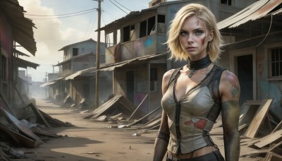 HQ,1girl,solo,breasts,looking at viewer,short hair,blue eyes,blonde hair,gloves,cleavage,bare shoulders,jewelry,medium breasts,upper body,outdoors,parted lips,detached sleeves,sky,choker,day,elbow gloves,midriff,cloud,necklace,lips,torn clothes,blood,tattoo,tank top,building,pendant,injury,blood on face,realistic,nose,ruins,facial tattoo,power lines,dirty,dirty face,collar