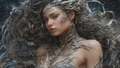 1girl,solo,long hair,breasts,looking at viewer,brown hair,black hair,bare shoulders,jewelry,upper body,earrings,parted lips,artist name,lips,grey eyes,floating hair,portrait,freckles,realistic,blue eyes,medium breasts,closed mouth,grey hair,eyelashes,expressionless,wind,nose