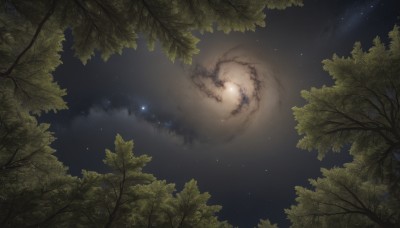 outdoors,sky,cloud,tree,no humans,night,glowing,leaf,moon,plant,star (sky),nature,night sky,scenery,forest,starry sky,branch,dark