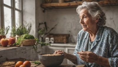 1girl,solo,smile,1boy,holding,jewelry,closed mouth,upper body,white hair,grey hair,male focus,earrings,food,glasses,day,indoors,blurry,window,fruit,depth of field,blurry background,table,plant,bowl,realistic,apple,basket,old,old man,holding bowl,vegetable,old woman,wrinkled skin,short hair,gloves,hair bun,single hair bun,potted plant,orange (fruit)