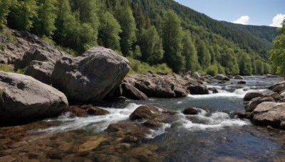 outdoors,sky,day,cloud,water,tree,no humans,sunlight,nature,scenery,forest,rock,mountain,river,waterfall,landscape,blue sky,ocean