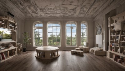 sky,day,cloud,indoors,tree,cup,book,no humans,window,chair,table,sunlight,bottle,plant,box,scenery,desk,wooden floor,door,clock,bookshelf,potted plant,lamp,shelf,book stack,carpet,blue sky,couch,candle,painting (object),candlestand,rug,reflective floor