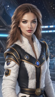 1girl,solo,long hair,looking at viewer,brown hair,long sleeves,brown eyes,jewelry,closed mouth,upper body,earrings,belt,blurry,lips,coat,fur trim,makeup,night,blurry background,lipstick,brooch,snow,freckles,snowing,realistic,nose,winter clothes,red lips,winter,science fiction,fur collar,emblem,badge