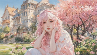 1girl,solo,long hair,looking at viewer,bangs,blue eyes,dress,sitting,pink hair,flower,short sleeves,hairband,outdoors,parted lips,sky,day,tree,blue sky,lips,grey eyes,petals,squatting,grass,cherry blossoms,building,scenery,pink flower,head rest,realistic,hands on own face,architecture,house,hands on own cheeks,animal ears