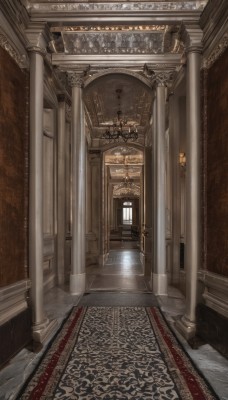 indoors,no humans,window,scenery,stairs,door,candle,architecture,pillar,carpet,church,arch,candlestand,chandelier,column,lantern,wooden floor,light,statue,hallway,rug