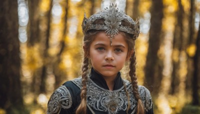 1girl,solo,long hair,looking at viewer,brown hair,brown eyes,jewelry,closed mouth,upper body,braid,armor,blurry,twin braids,lips,grey eyes,depth of field,blurry background,crown,gem,portrait,freckles,realistic,blue eyes,blonde hair,nature,forest