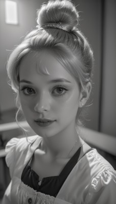 1girl,solo,looking at viewer,smile,jewelry,closed mouth,collarbone,monochrome,upper body,greyscale,earrings,parted lips,indoors,necklace,hair bun,mole,blurry,apron,lips,eyelashes,mole under eye,blurry background,single hair bun,portrait,freckles,realistic,nose,stud earrings,short hair,bangs,shirt,dress,artist name,depth of field,watermark,piercing