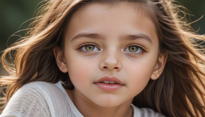 1girl,solo,long hair,looking at viewer,brown hair,shirt,brown eyes,white shirt,parted lips,teeth,blurry,lips,depth of field,blurry background,portrait,close-up,forehead,freckles,realistic,nose,open mouth,eyelashes,floating hair,wind