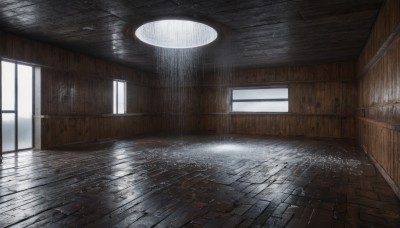 day,indoors,water,no humans,window,sunlight,scenery,rain,wooden floor,door,tiles,wall,puddle,hallway,halo,building,reflection,light,tile floor,ceiling,ceiling light,reflective floor,wooden wall,brick floor