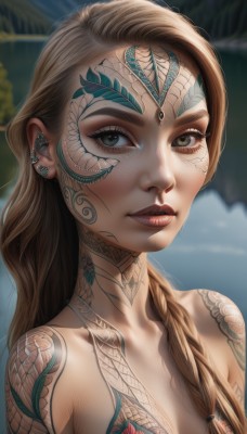 1girl,solo,long hair,breasts,looking at viewer,blue eyes,blonde hair,brown hair,cleavage,bare shoulders,jewelry,closed mouth,green eyes,collarbone,upper body,braid,flower,earrings,outdoors,parted lips,day,artist name,blurry,lips,grey eyes,eyelashes,single braid,tattoo,makeup,blurry background,piercing,lipstick,ear piercing,portrait,hair over shoulder,close-up,eyeshadow,freckles,realistic,nose,red lips,eyeliner,arm tattoo,mascara,brown eyes,medium breasts,nude,signature,facial tattoo,neck tattoo,tribal,full-body tattoo,flower tattoo