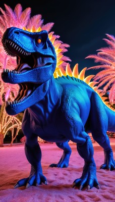 solo,open mouth,standing,tail,full body,yellow eyes,flower,outdoors,sky,teeth,tree,orange eyes,pokemon (creature),no humans,night,beach,sharp teeth,claws,monster,realistic,sand,palm tree,sunflower,fireworks,dinosaur,kaijuu,tongue,colored skin,night sky,blue skin