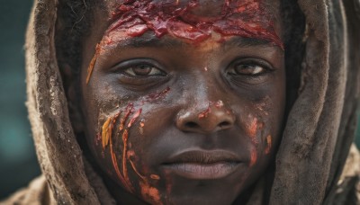 solo,looking at viewer,black hair,1boy,brown eyes,male focus,parted lips,teeth,dark skin,hood,blurry,lips,blood,blurry background,dark-skinned male,portrait,close-up,hood up,blood on face,realistic,1girl,closed mouth