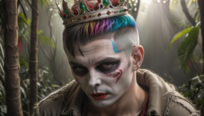 1girl,solo,looking at viewer,short hair,black hair,1boy,brown eyes,jewelry,closed mouth,blue hair,pink hair,male focus,multicolored hair,earrings,outdoors,blurry,black eyes,two-tone hair,tree,lips,eyelashes,blood,makeup,blurry background,facial mark,piercing,crown,plant,lipstick,portrait,nature,eyeshadow,forest,realistic,red lips,stud earrings,eyeliner,facepaint,undercut,mascara,hat,green eyes,teeth,artist name,scar