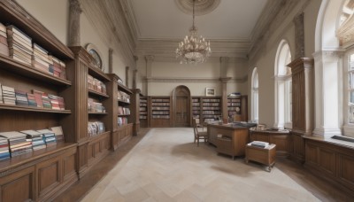 indoors,book,no humans,window,chair,table,sunlight,box,scenery,wooden floor,stairs,door,clock,bookshelf,lamp,architecture,shelf,book stack,library,ceiling,carpet,candlestand,ceiling light,reflective floor,chandelier,day,desk,ladder