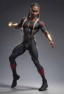 solo,long hair,looking at viewer,black hair,1boy,jewelry,full body,braid,male focus,boots,dark skin,black footwear,twin braids,bodysuit,muscular,facial hair,dark-skinned male,black nails,skin tight,bulge,fighting stance,bracer,very dark skin,dreadlocks,standing,multicolored hair,shoes,grey background,black eyes,thick eyebrows,cross,pectorals,muscular male,sneakers,beard,mustache,black bodysuit,cross necklace