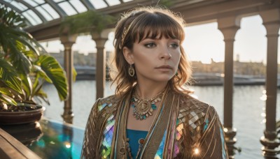 1girl,solo,long hair,short hair,bangs,brown hair,brown eyes,jewelry,closed mouth,upper body,hairband,earrings,day,indoors,medium hair,water,necklace,blurry,black eyes,lips,looking to the side,window,depth of field,blurry background,looking away,sunlight,plant,gem,lens flare,realistic,nose,headdress,potted plant,looking afar,blue eyes,tiara