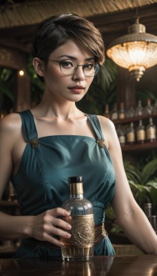 1girl,solo,breasts,looking at viewer,short hair,brown hair,black hair,dress,holding,bare shoulders,brown eyes,jewelry,medium breasts,collarbone,upper body,earrings,parted lips,glasses,sleeveless,indoors,blurry,black eyes,lips,fingernails,sleeveless dress,depth of field,blurry background,blue dress,table,bottle,plant,alcohol,black-framed eyewear,realistic,nose,bar (place),counter,bangs,makeup,round eyewear,holding bottle