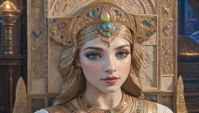 1girl,solo,long hair,looking at viewer,blue eyes,blonde hair,brown hair,jewelry,closed mouth,earrings,indoors,necklace,lips,eyelashes,makeup,crown,lipstick,gem,portrait,eyeshadow,realistic,nose,headdress,red lips,gold,braid,eyeliner