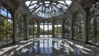 outdoors,sky,day,cloud,indoors,water,tree,blue sky,no humans,window,shadow,sunlight,nature,scenery,reflection,light rays,ruins,pillar,reflective floor,cloudy sky,plant,puddle,vanishing point