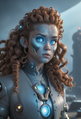 1girl,solo,long hair,breasts,looking at viewer,blue eyes,brown hair,jewelry,upper body,earrings,parted lips,blurry,lips,eyelashes,bodysuit,makeup,blurry background,glowing,facial mark,glowing eyes,science fiction,curly hair,nose,cyborg,artist name,tattoo,wavy hair,piercing,freckles,eyeliner,facepaint,facial tattoo,neon trim,cyberpunk