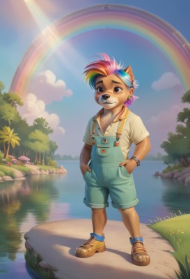 solo,smile,short hair,bangs,shirt,1boy,animal ears,brown eyes,jewelry,closed mouth,standing,collarbone,tail,full body,white shirt,pink hair,flower,short sleeves,male focus,multicolored hair,earrings,outdoors,sky,shoes,shorts,day,socks,collared shirt,artist name,cloud,signature,water,bracelet,two-tone hair,tree,blue sky,:3,buttons,watermark,brown footwear,sandals,happy,sunlight,grass,child,web address,furry,personification,freckles,pocket,light rays,hands in pockets,furry female,female child,overalls,furry male,male child,body fur,rainbow,animal nose,snout,bubble blowing,puddle,chewing gum,blue overalls,overall shorts,rainbow hair,1girl,looking at viewer,blue eyes,blonde hair,blue hair,purple hair,green hair,teeth,flat chest,suspenders,cloudy sky,reflection,rock,sun,stud earrings,sunbeam,mushroom,brown fur,two-tone fur,yellow socks