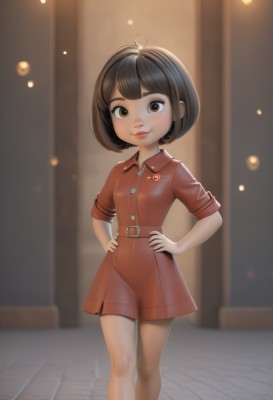 1girl,solo,breasts,looking at viewer,smile,short hair,bangs,brown hair,black hair,dress,brown eyes,closed mouth,standing,short sleeves,small breasts,belt,artist name,signature,blurry,lips,buttons,depth of field,blurry background,feet out of frame,short dress,red dress,bob cut,child,hands on hips,collared dress,female child,badge,ahoge,indoors