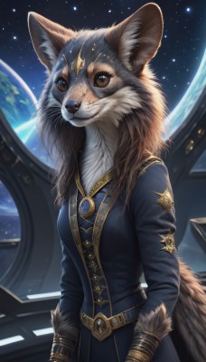 1girl,solo,breasts,looking at viewer,gloves,long sleeves,animal ears,brown eyes,jewelry,closed mouth,standing,tail,cowboy shot,sky,belt,artist name,signature,star (symbol),coat,fur trim,animal,watermark,brooch,gem,star (sky),furry,starry sky,backlighting,fur collar,black coat,furry female,space,body fur,white fur,planet,animal nose,blue coat,whiskers,snout,earth (planet),brown fur,black fur,fluffy,long hair,medium breasts,jacket,upper body,realistic