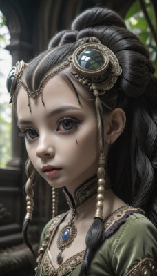 1girl,solo,long hair,looking at viewer,black hair,hair ornament,dress,jewelry,closed mouth,upper body,braid,choker,indoors,necklace,blurry,black eyes,lips,grey eyes,eyelashes,makeup,blurry background,hair tubes,gem,portrait,pendant,realistic,nose,hair pulled back,multiple braids,artist name,facial mark,expressionless,lipstick,eyeshadow,green dress