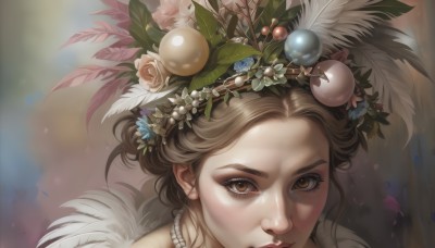 1girl,solo,looking at viewer,short hair,brown hair,hair ornament,brown eyes,jewelry,closed mouth,flower,hair flower,necklace,lips,eyelashes,makeup,rose,leaf,feathers,portrait,close-up,beads,nose,head wreath,pearl necklace,pearl (gemstone),blurry,realistic,wreath