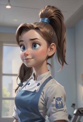 1girl,solo,long hair,breasts,blush,smile,blue eyes,brown hair,shirt,closed mouth,white shirt,upper body,ponytail,short sleeves,day,collared shirt,artist name,indoors,blurry,uniform,apron,lips,eyelashes,window,buttons,depth of field,blurry background,high ponytail,freckles,nose,hair tie,badge,employee uniform,button badge,blue apron,bangs,hair over shoulder,ceiling light