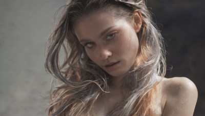 1girl,solo,long hair,looking at viewer,simple background,brown hair,bare shoulders,closed mouth,upper body,nude,grey background,lips,wet,head tilt,grey eyes,eyelashes,portrait,forehead,realistic,nose,brown eyes,collarbone,expressionless,messy hair,light particles,close-up,backlighting,sidelighting