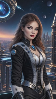 1girl,solo,long hair,breasts,looking at viewer,blue eyes,brown hair,gloves,cleavage,jewelry,medium breasts,jacket,earrings,outdoors,open clothes,sky,belt,pants,necklace,lips,coat,fur trim,makeup,night,black pants,moon,lipstick,gauntlets,star (sky),night sky,pendant,starry sky,science fiction,city,nose,red lips,cityscape,planet,city lights,cowboy shot,black jacket,grey eyes,gem,eyeshadow,realistic,space,shooting star