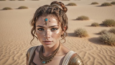 1girl,solo,looking at viewer,smile,brown hair,brown eyes,jewelry,upper body,earrings,outdoors,parted lips,necklace,hair bun,blurry,lips,blurry background,single hair bun,gem,portrait,freckles,circlet,realistic,sand,dirty,desert,short hair,black hair,hair ornament,collarbone