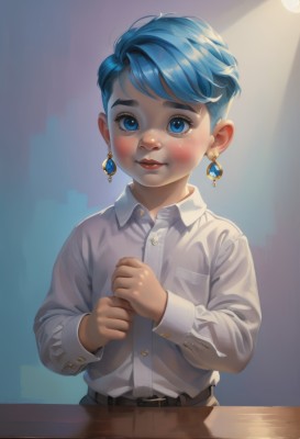 1girl,solo,looking at viewer,blush,short hair,bangs,blue eyes,shirt,long sleeves,jewelry,closed mouth,blue hair,white shirt,upper body,earrings,shiny,collared shirt,belt,pants,lips,dress shirt,makeup,buttons,table,own hands together,aged down,wing collar,child,androgynous,buckle,freckles,pocket,black belt,belt buckle,brown belt,smile,eyelashes,blue background,thick eyebrows,lipstick,glint,red lips,shirt tucked in