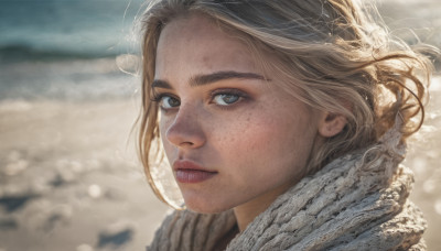 1girl, solo, looking at viewer, short hair, blue eyes, blonde hair, brown hair, scarf, blurry, lips, depth of field, blurry background, wind, portrait, freckles, realistic, nose