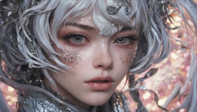 1girl,solo,long hair,looking at viewer,bangs,blue eyes,hair ornament,twintails,white hair,grey hair,parted lips,artist name,blurry,lips,grey eyes,eyelashes,depth of field,blurry background,portrait,close-up,realistic,nose,scales,floating hair,watermark,light particles,bokeh