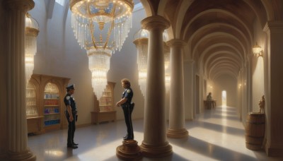 brown hair,shirt,hat,standing,weapon,male focus,multiple boys,necktie,shoes,pants,indoors,2boys,uniform,vest,gun,book,shadow,facial hair,sunlight,scenery,lantern,stairs,bookshelf,lamp,police,pillar,police uniform,statue,library,police hat,church,arch,black hair