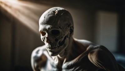 solo,smile,1boy,sitting,upper body,male focus,indoors,blurry,blurry background,chair,sunlight,skull,light rays,light,bald,skeleton,no humans,portrait