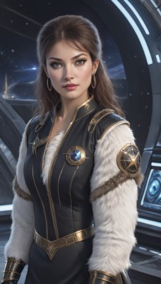 1girl,solo,long hair,breasts,looking at viewer,brown hair,gloves,dress,brown eyes,jewelry,earrings,belt,signature,black dress,lips,fur trim,makeup,lipstick,star (sky),eyeshadow,science fiction,hoop earrings,realistic,nose,red lips,space,vest,fur