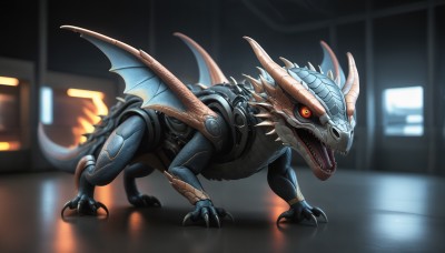 HQ,solo,open mouth,red eyes,standing,tail,full body,wings,horns,teeth,blurry,orange eyes,pokemon (creature),no humans,blurry background,fangs,sharp teeth,claws,spikes,colored sclera,monster,dragon,scales,looking at viewer,science fiction,realistic,cyborg,non-humanoid robot