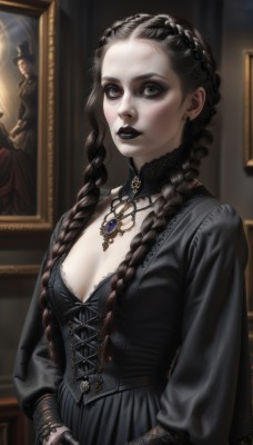 1girl,solo,long hair,breasts,looking at viewer,brown hair,black hair,gloves,long sleeves,dress,cleavage,jewelry,medium breasts,upper body,braid,multicolored hair,earrings,small breasts,parted lips,choker,black gloves,puffy sleeves,indoors,necklace,nail polish,blurry,black eyes,black dress,twin braids,two-tone hair,lips,grey eyes,makeup,blurry background,black choker,own hands together,lipstick,brooch,gem,pale skin,black nails,lace,corset,forehead,pendant,eyeshadow,realistic,gothic lolita,red lips,picture frame,painting (object),mascara,gothic,black lips,multiple braids,portrait (object),artist name,signature,lace trim,hair over shoulder,eyeliner,lace-trimmed dress