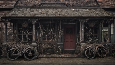 outdoors,tree,no humans,window,plant,ground vehicle,building,scenery,motor vehicle,stairs,door,road,ruins,bicycle,broken glass,wheel,tire,broken window,leaf,autumn leaves