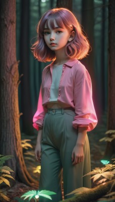 1girl,solo,looking at viewer,short hair,bangs,brown hair,shirt,long sleeves,closed mouth,green eyes,standing,jacket,white shirt,pink hair,outdoors,open clothes,midriff,pants,artist name,medium hair,blurry,open jacket,tree,lips,blood,depth of field,blurry background,leaf,expressionless,bug,plant,denim,nature,forest,pink shirt,jeans,realistic,nose,arms at sides,shirt tucked in,pink jacket,green pants,high-waist pants,brown eyes,parted lips,day,collared shirt,buttons,watermark,sunlight,thick eyebrows,blue shirt,butterfly,blue pants,dappled sunlight