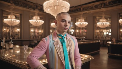 solo,looking at viewer,smile,shirt,long sleeves,1boy,brown eyes,jewelry,closed mouth,jacket,upper body,male focus,earrings,necktie,indoors,dark skin,blurry,vest,cup,lips,blurry background,formal,table,dark-skinned male,bottle,suit,alcohol,drinking glass,blue necktie,realistic,nose,pink jacket,wine glass,bald,wine bottle,bar (place),counter,chandelier,bar stool,1girl,short hair,makeup,very short hair